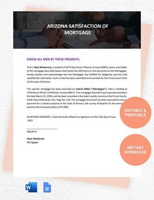 Arizona Satisfaction of Mortgage Template