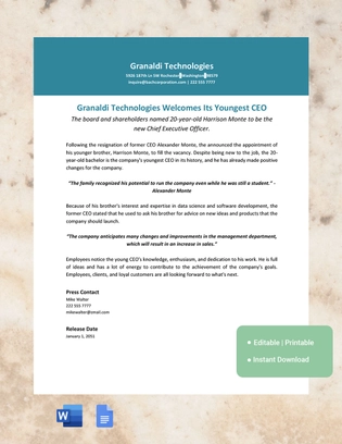 New Hire Press Release Template