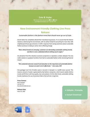 Fashion Press Release Template