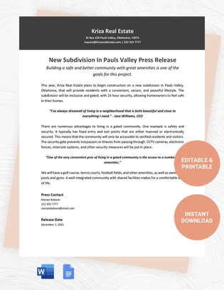 Real Estate Press Release Template