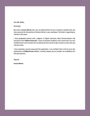 Sample Professional Fresher Resume Cover Letter
