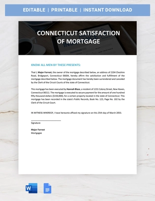 Connecticut Satisfaction Of Mortgage Template