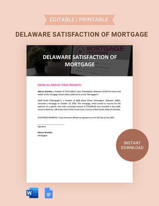 Delaware Satisfaction Of Mortgage Template