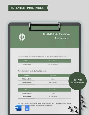 North Dakota Child Care Authorization Template