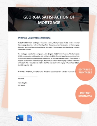 Georgia Satisfaction of Mortgage Template