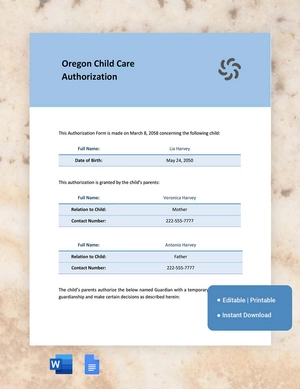 Oregon Child Care Authorization Template