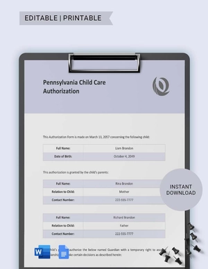 Pennsylvania Child Care Authorization Template