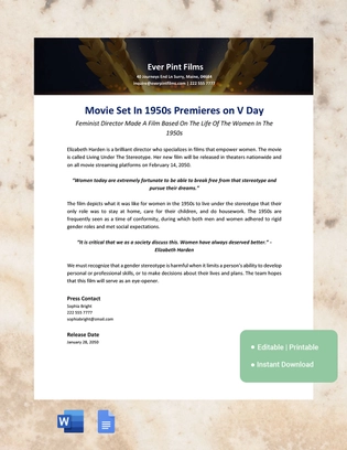 Movie Press Release Template
