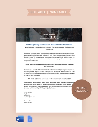 Company Wins Award Press Release Template