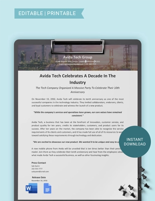 Company Anniversary Press Release Template