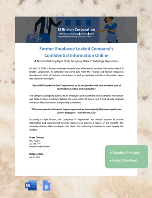 Data Breach Press Release Template