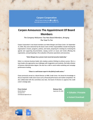New Board Member Press Release Template