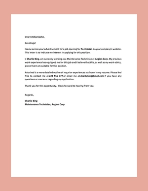 Technician Resume Cover Letter