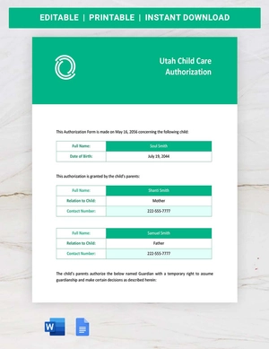 Utah Child Care Authorization Template