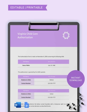 Virginia Child Care Authorization Template