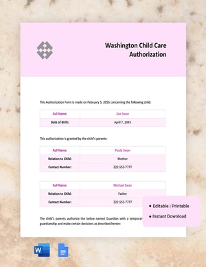 Washington Child Care Authorization Template