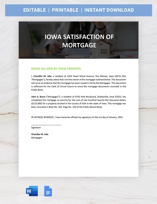 Iowa Satisfaction Of Mortgage Template