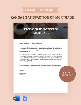 Kansas Satisfaction of Mortgage Template