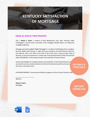 Kentucky Satisfaction Of Mortgage Template