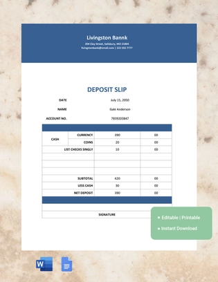 Blank Bank Deposit Slip Template