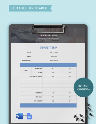 Savings Deposit Slip Template