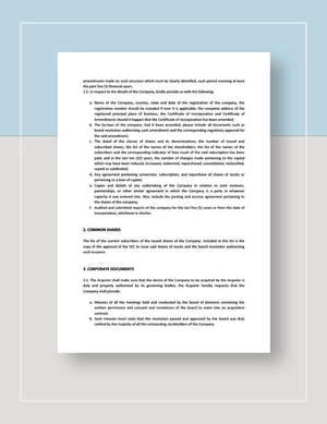 Acquisition of Common Shares Documents Request for Due Diligence Template