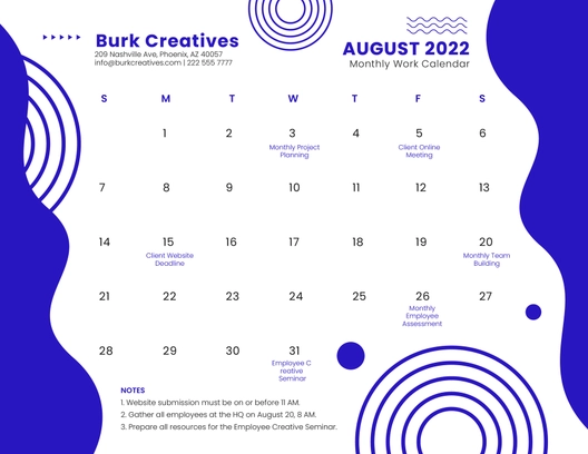Blue August 2022 Calendar