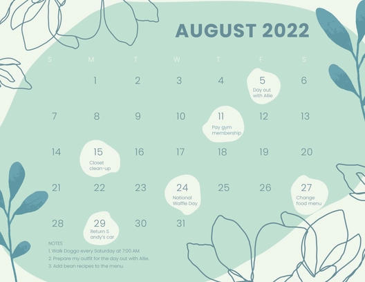 Floral August 2022 Calendar