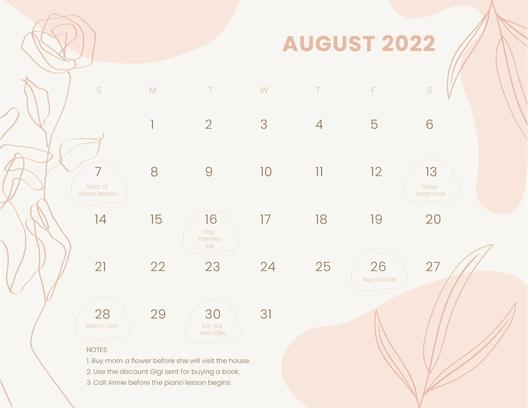 Pretty August 2022 Calendar
