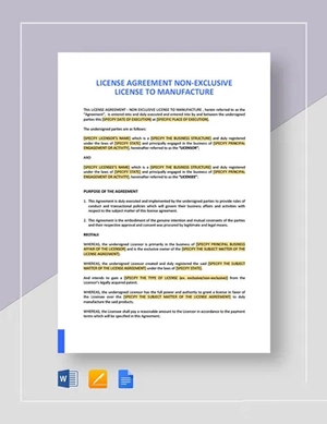 License Agreement Non-Exclusive License To Manufacture Template