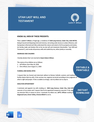 Utah Last Will And Testament Template