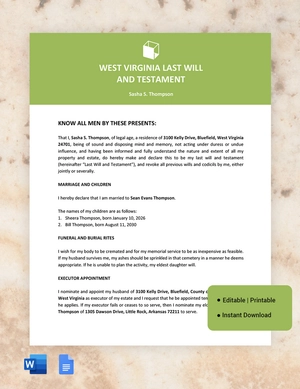 West Virginia Last Will And Testament Template