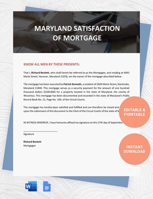 Maryland Satisfaction of Mortgage Template