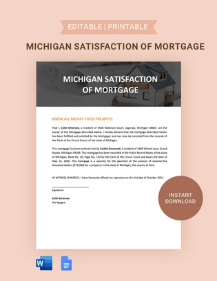 Michigan Satisfaction of Mortgage Template