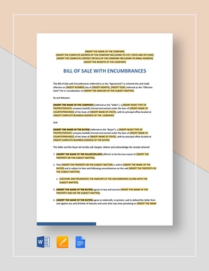 Bill of Sale With Encumbrances Template