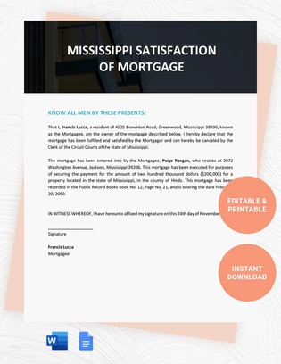 Mississippi Satisfaction Of Mortgage Template