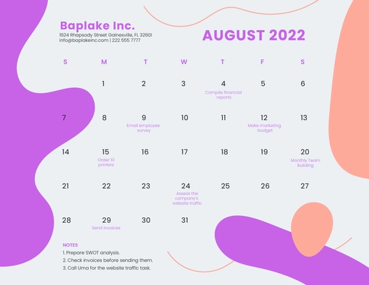 August 2022 Monthly Calendar