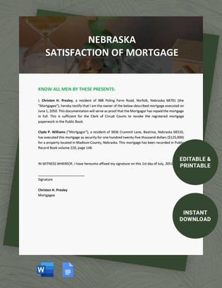 Nebraska Satisfaction Of Mortgage Template