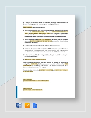 Board Resolution Approving Subdivision of Issued Shares Template