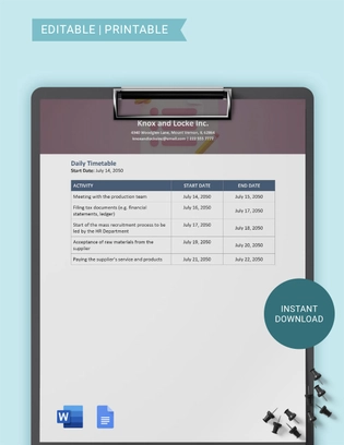 Daily Timetable Template