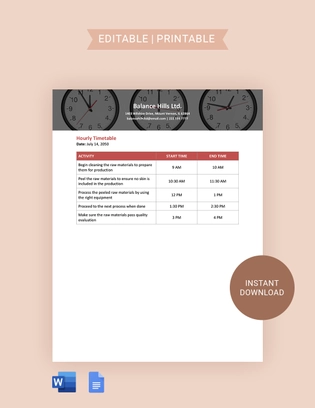 Hourly Timetable Template Hourly Timetable Template