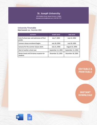 University Timetable Template