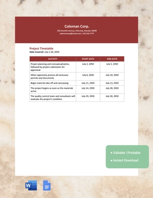 Project Timetable Template