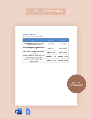 Personal Timetable Template
