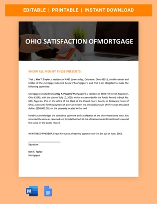 Ohio Satisfaction Of Mortgage Template