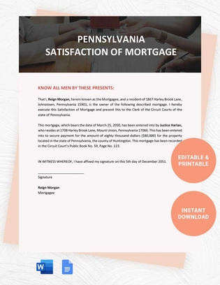 Pennsylvania Satisfaction of Mortgage Template