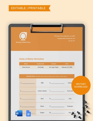 Middle School States Of Matter Worksheet