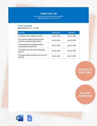 7 Day Timetable Template