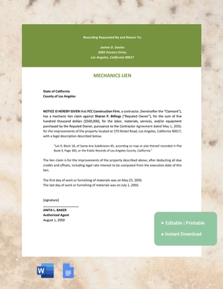 California Mechanics Lien Template