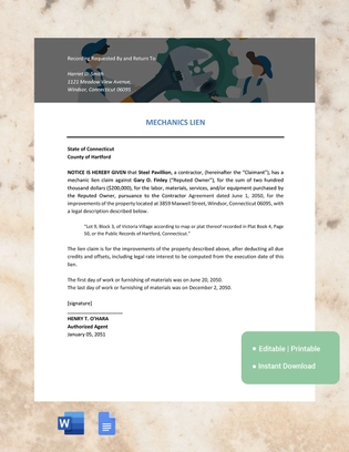 Connecticut Mechanics Lien Template